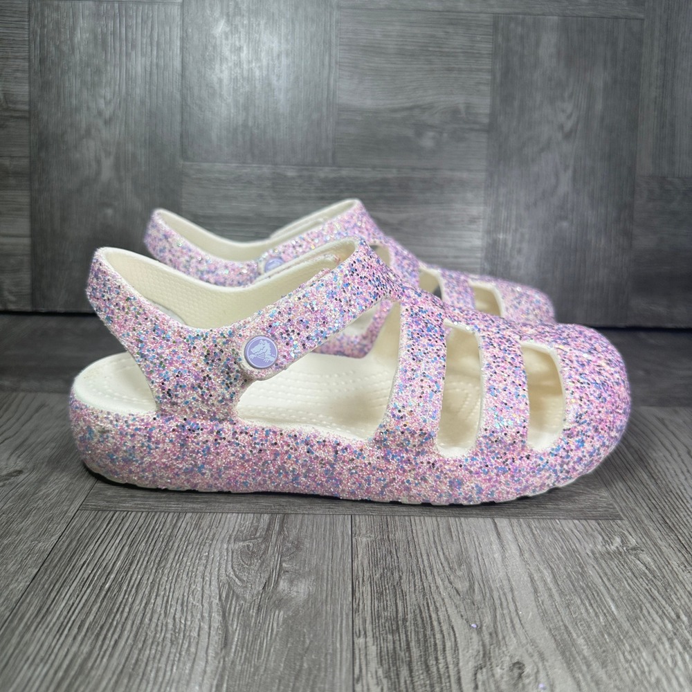 Crocs Fisherman Sandals Kids J3 Pink Glitter Sparkle Casual Summer NEW - Picture 1 of 8